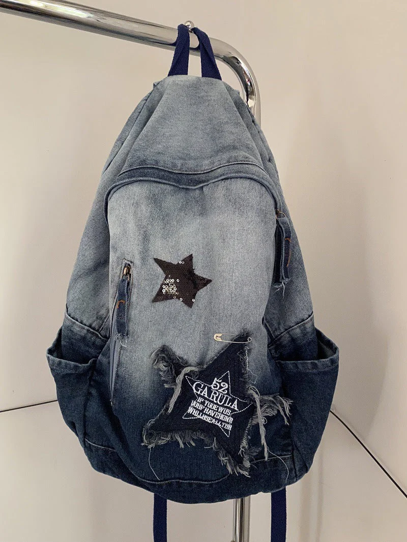 Vintage Star Patch Gradient Denim Backpack - Image 7
