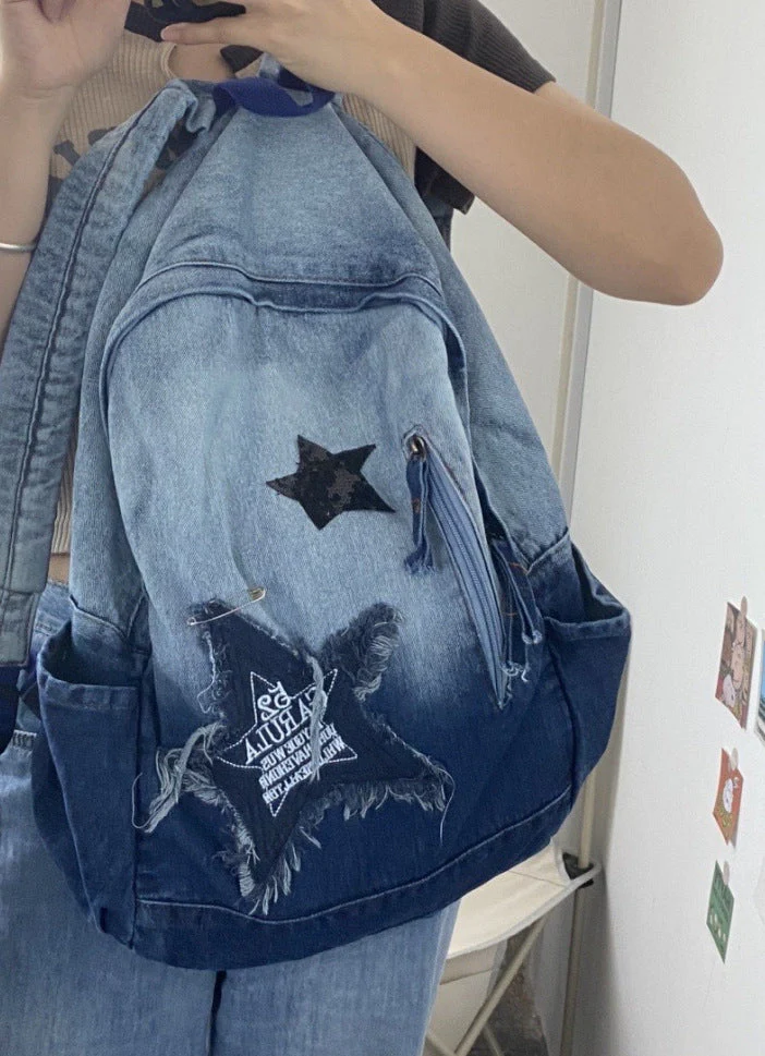 Vintage Star Patch Gradient Denim Backpack - Image 8