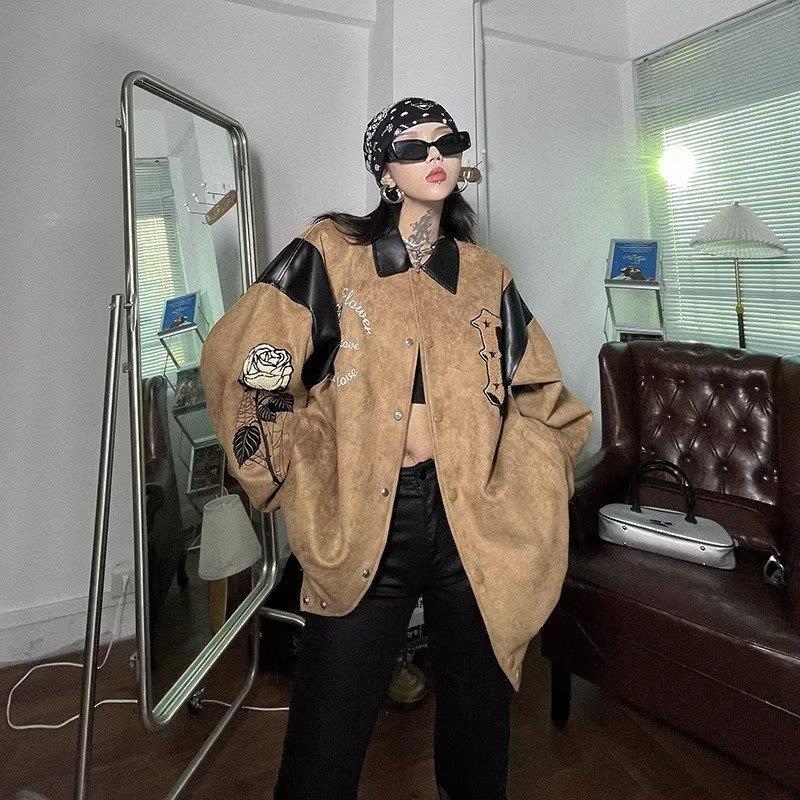 Vintage Suede Leather Splice Embroidery Loose Jacket - Image 10