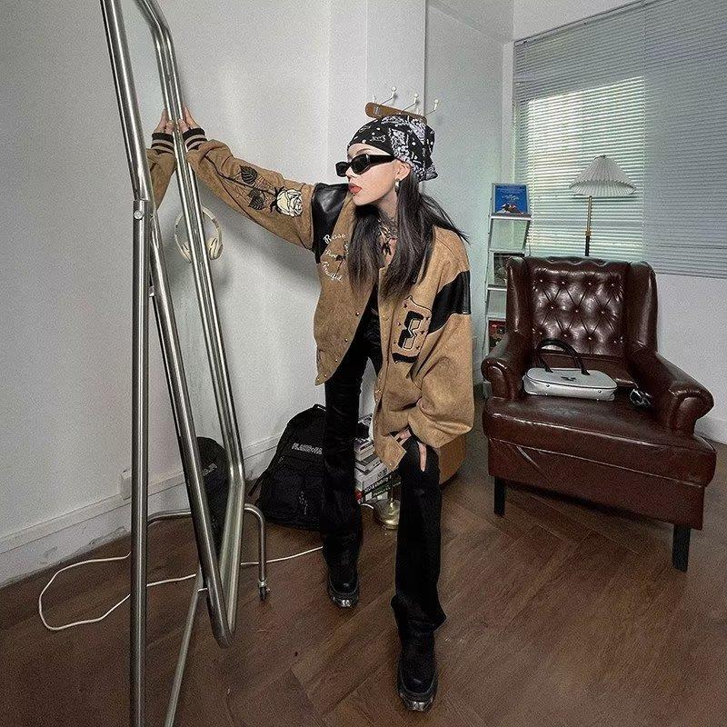 Vintage Suede Leather Splice Embroidery Loose Jacket - Image 4