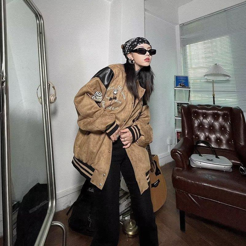 Vintage Suede Leather Splice Embroidery Loose Jacket - Image 5