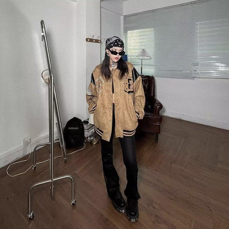 Vintage Suede Leather Splice Embroidery Loose Jacket - Image 8