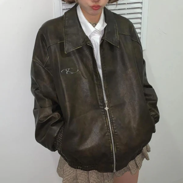 Vintage Wash Motorcycle Pu Leather Jacket