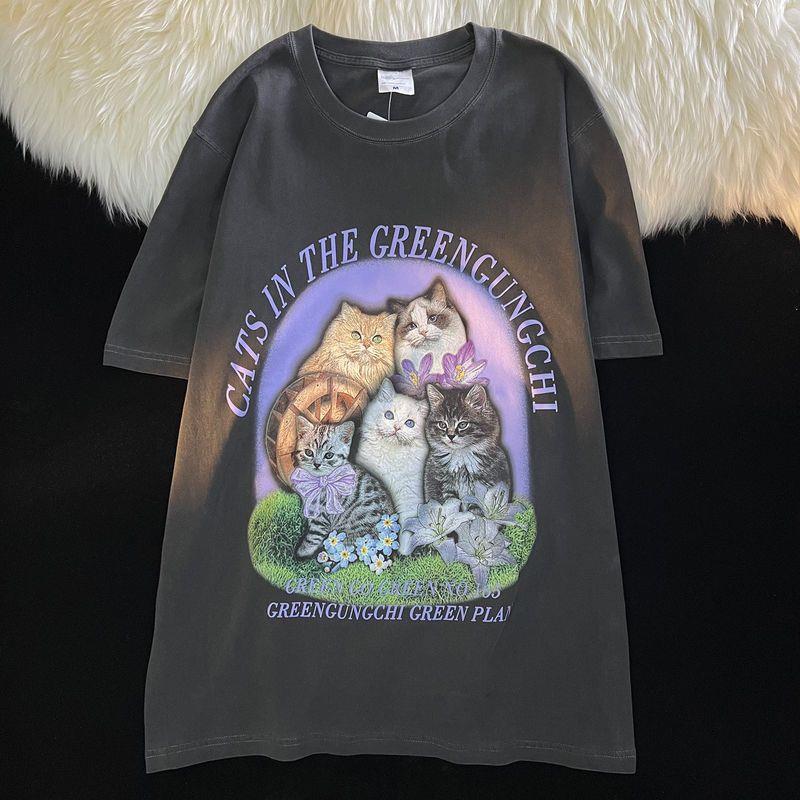 Vivid Cat Print Oversized Short Sleeve Tee - Image 9