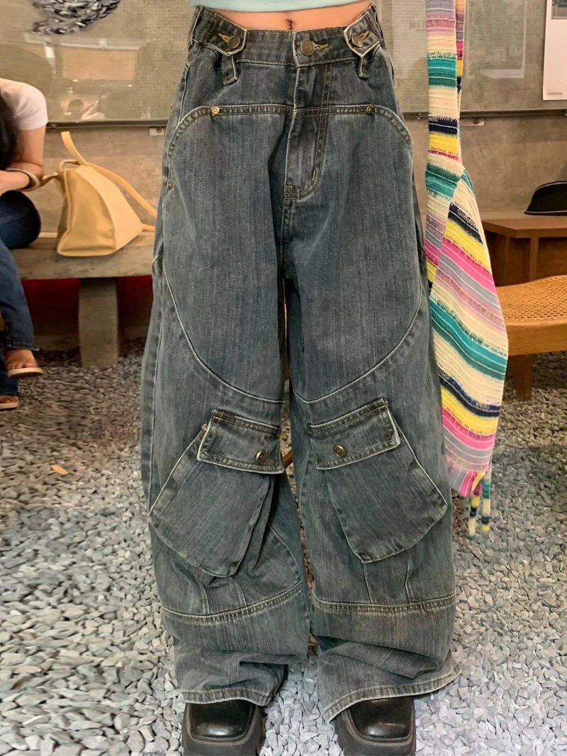 Washed Irregular Pocket Splice Cargo Jeans - Image 10