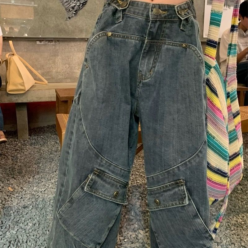 Washed Irregular Pocket Splice Cargo Jeans - Image 2