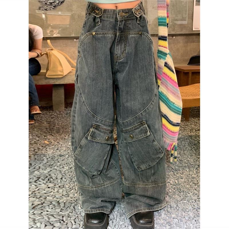 Washed Irregular Pocket Splice Cargo Jeans - Image 7