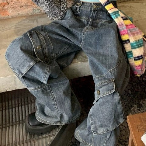 Washed Irregular Pocket Splice Cargo Jeans - Image 9