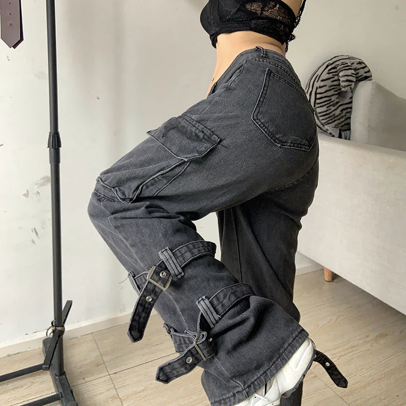 Washed Mid Waist Pocket Cargo Jeans - Image 3