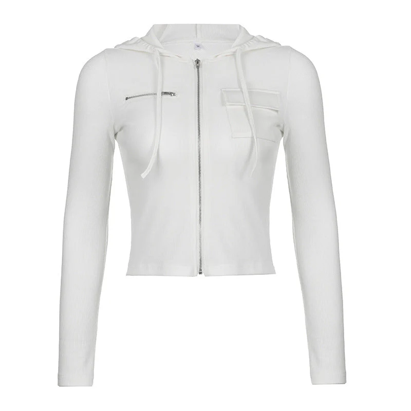 White Zip Up Hooded Cropped Knit Top - Image 10
