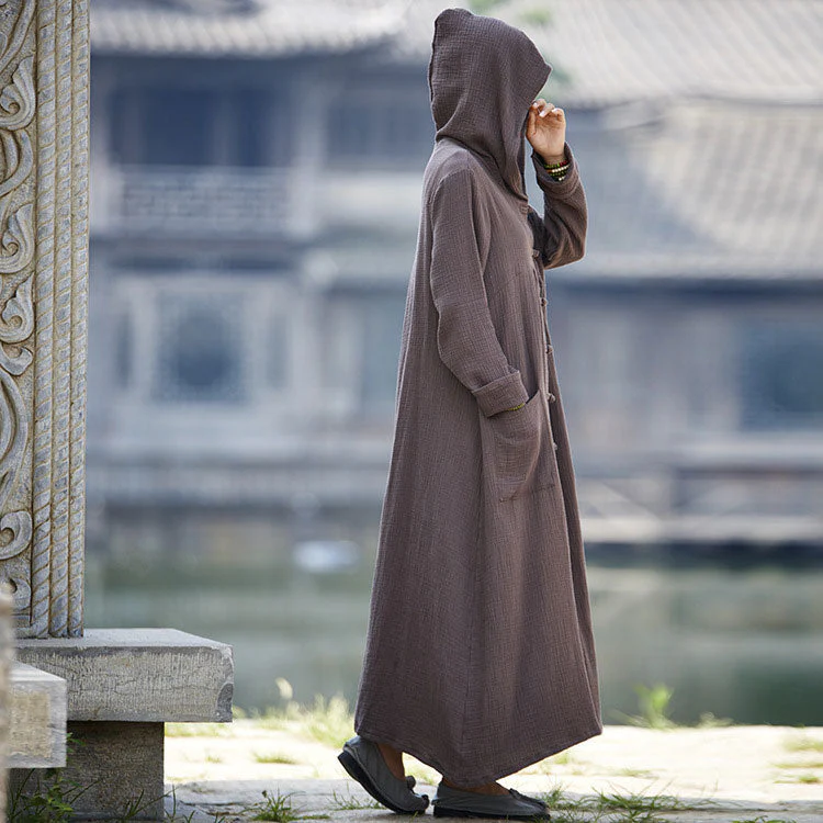 Women Hooded Cotton Dress Coat Casual Loose Robes Long Sleeves Cardigan Dress - Image 2