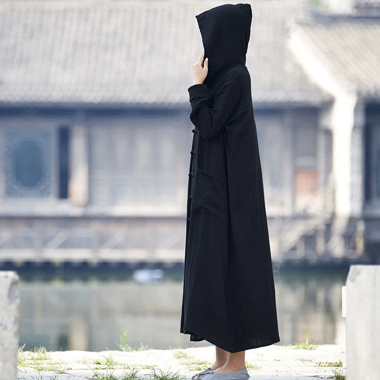 Women Hooded Cotton Dress Coat Casual Loose Robes Long Sleeves Cardigan Dress - Image 3