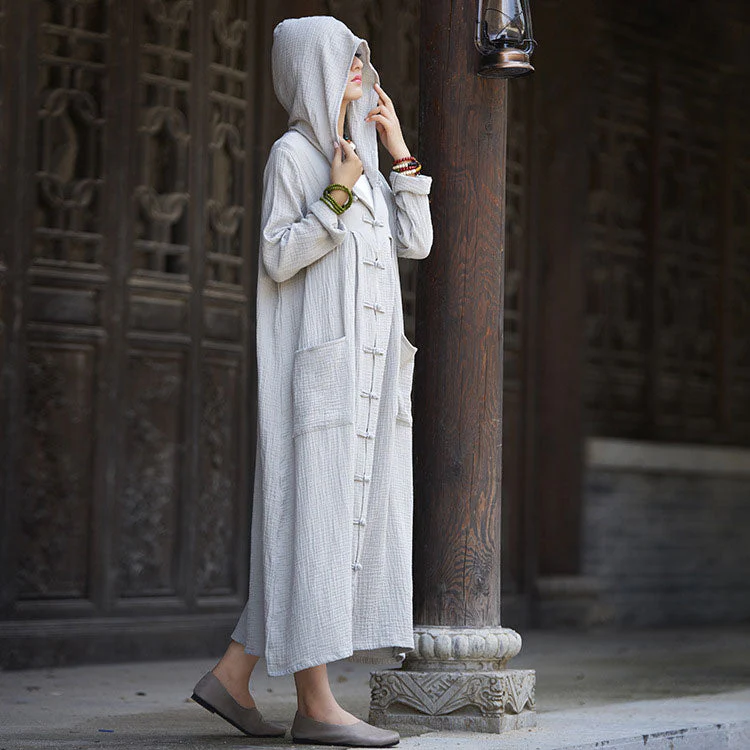Women Hooded Cotton Dress Coat Casual Loose Robes Long Sleeves Cardigan Dress - Image 4