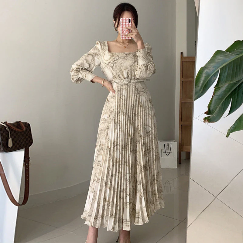 Women's Printed Waist Long Pleated Dress - Image 2