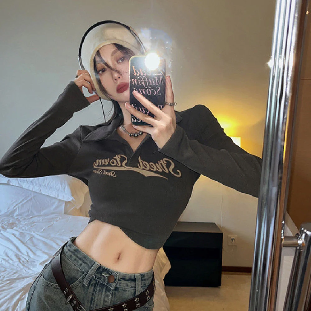 Y2K Long Sleeve Ribbed Knit Crop Top - Image 2