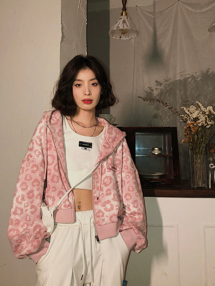 Y2K Pink Leopard Print Zipper Hoodie - Image 2