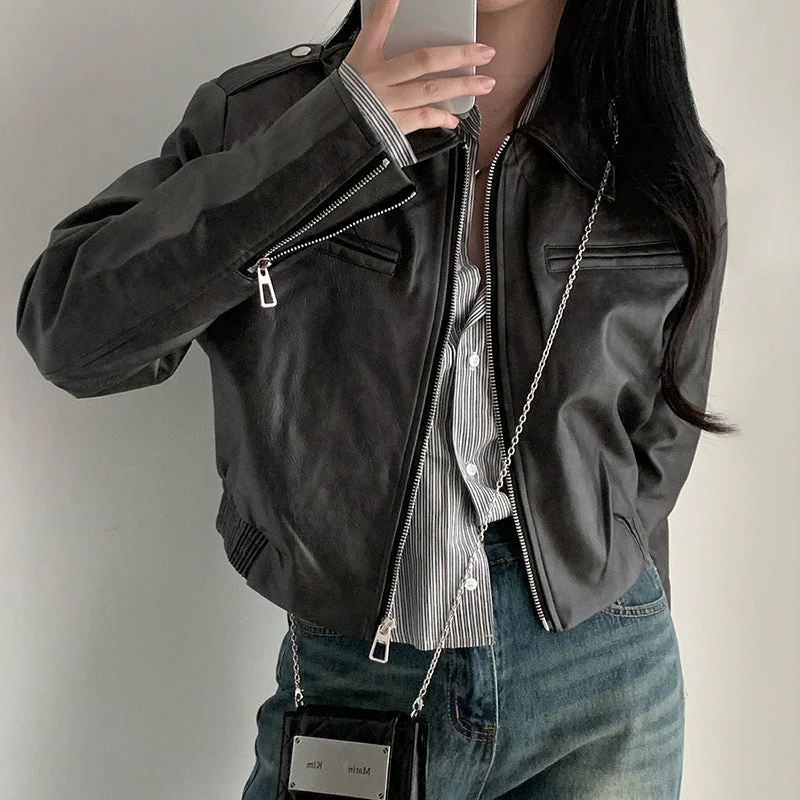 Zip Up Lapel Neck Leather Short Jacket - Image 2