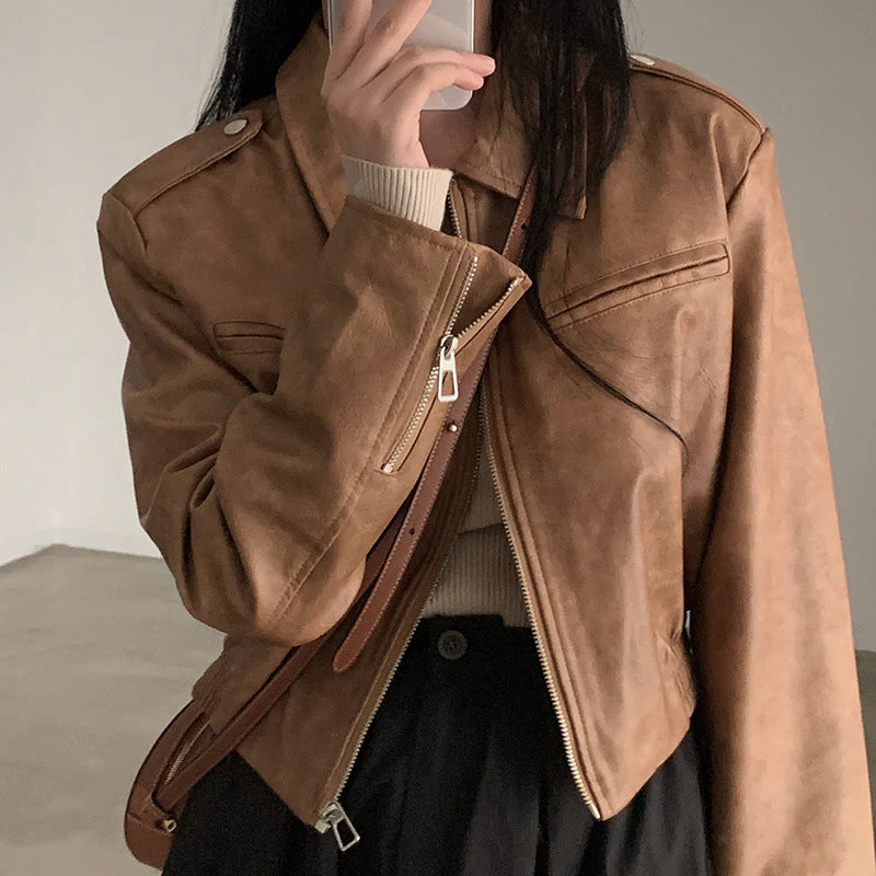 Zip Up Lapel Neck Leather Short Jacket - Image 3