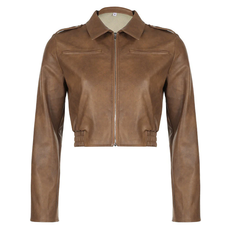 Zip Up Lapel Neck Leather Short Jacket - Image 4
