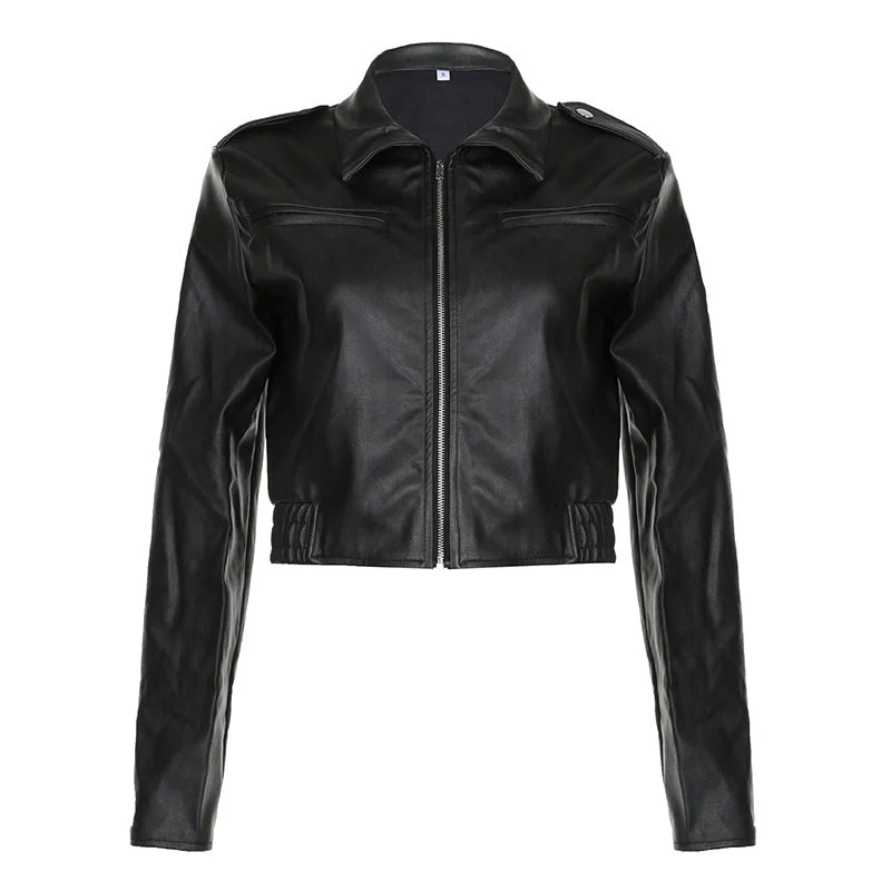 Zip Up Lapel Neck Leather Short Jacket - Image 5