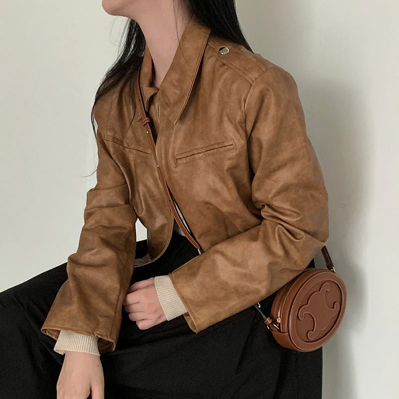 Zip Up Lapel Neck Leather Short Jacket - Image 6