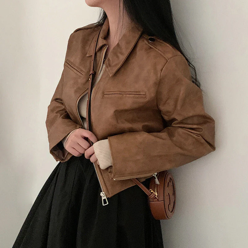 Zip Up Lapel Neck Leather Short Jacket - Image 7